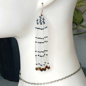 BOGO EARRINGS Beaded Fringe Dangle Earrings, Tigers Eye Stars, 3.5"